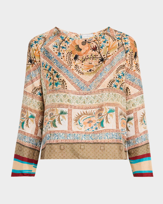 Crewneck Floral-Print Silk Top